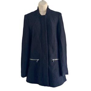 H&M Divided Women's Sz 8 Black Wool Blend Boucle Zip & Snap Up Coat Jacket